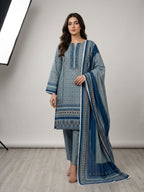 Unstitched Blue & Grey Printed 3 Piece Linen Suit