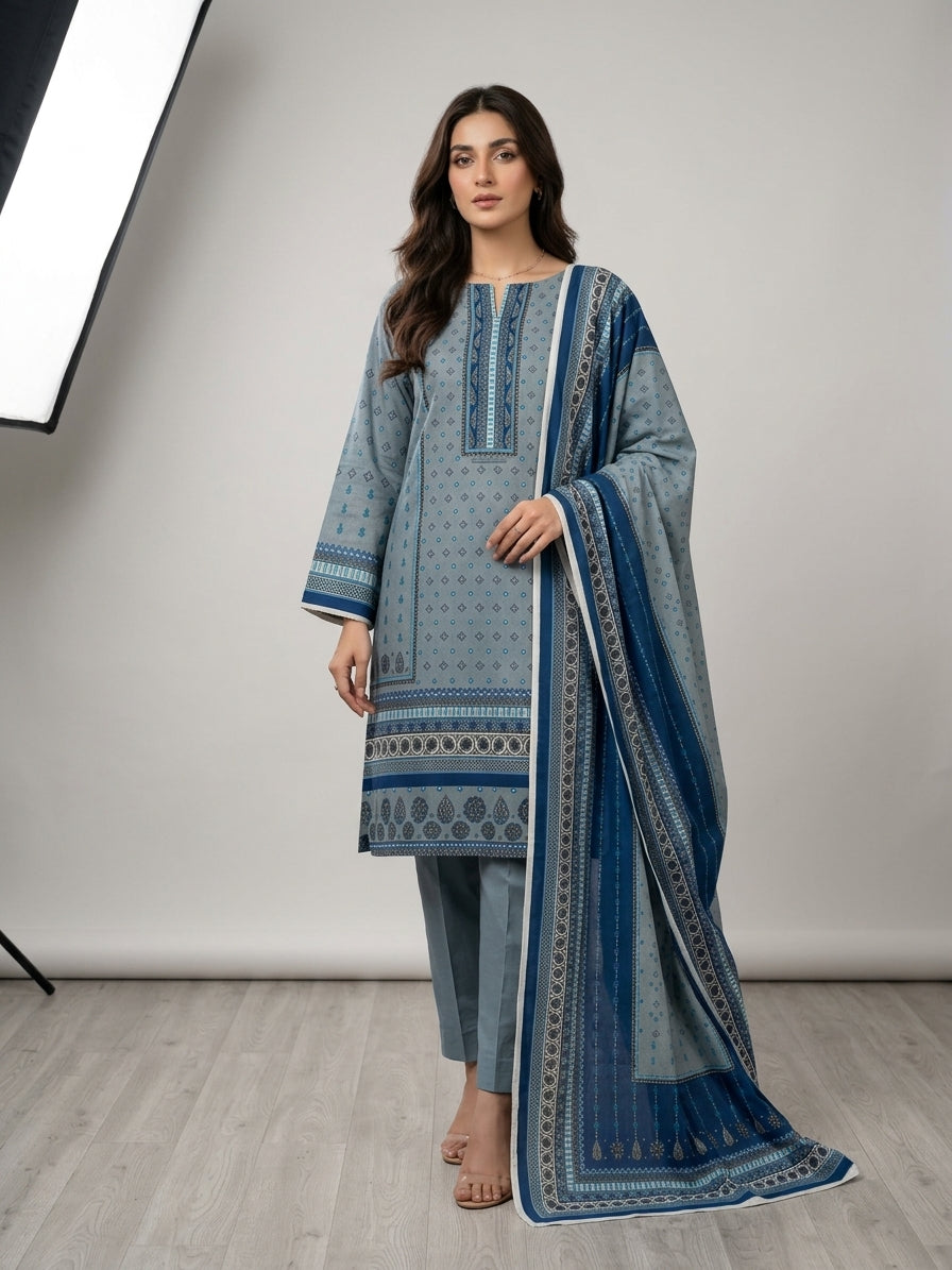 Unstitched Blue & Grey Printed 3 Piece Linen Suit