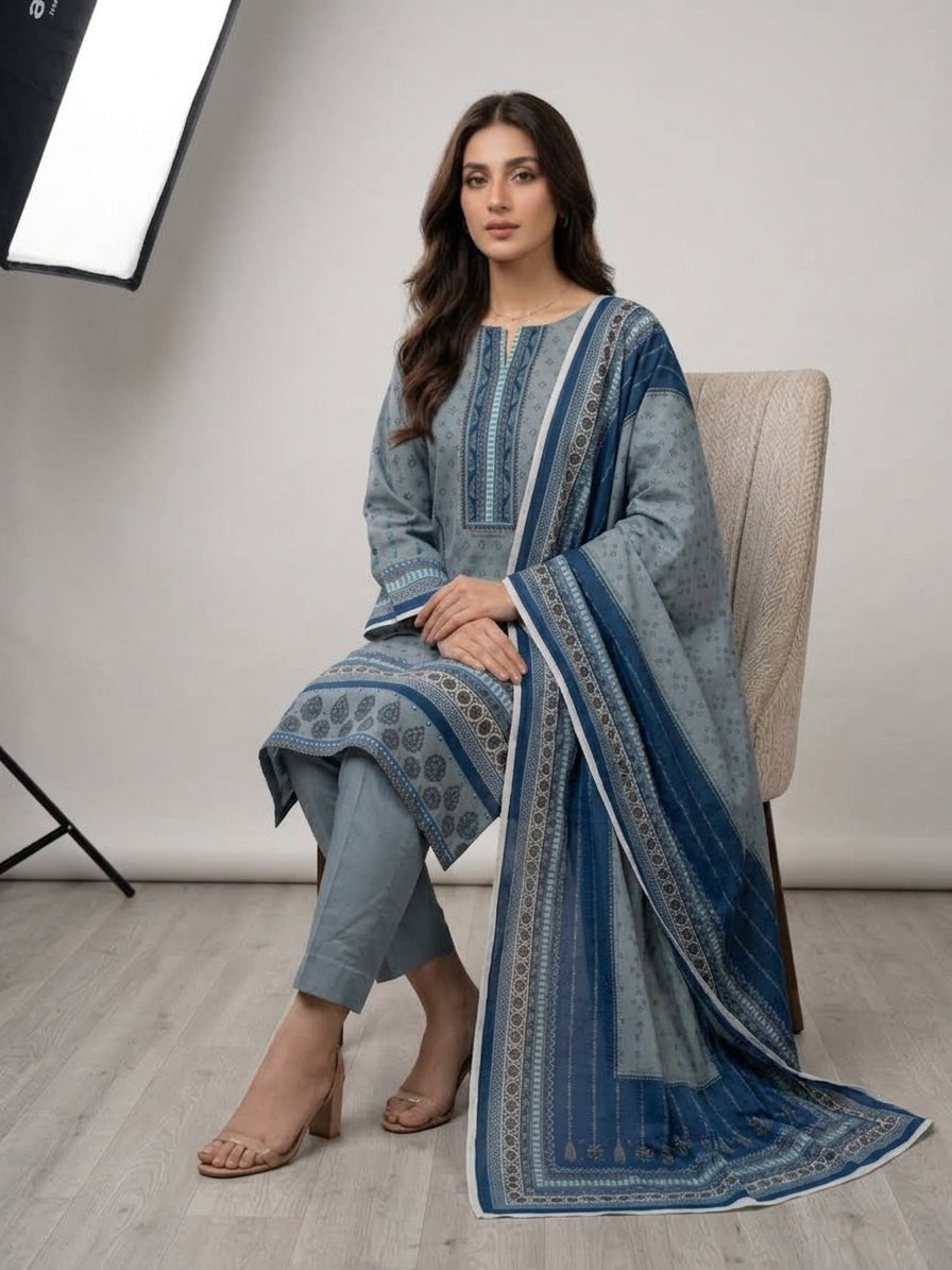 Unstitched Blue & Grey Printed 3 Piece Linen Suit