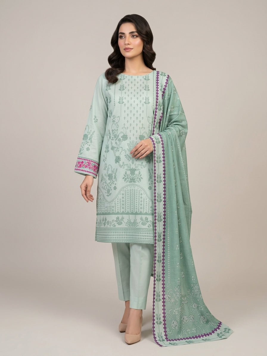 Unstitched Mint Green Printed 3 Piece Linen Suit