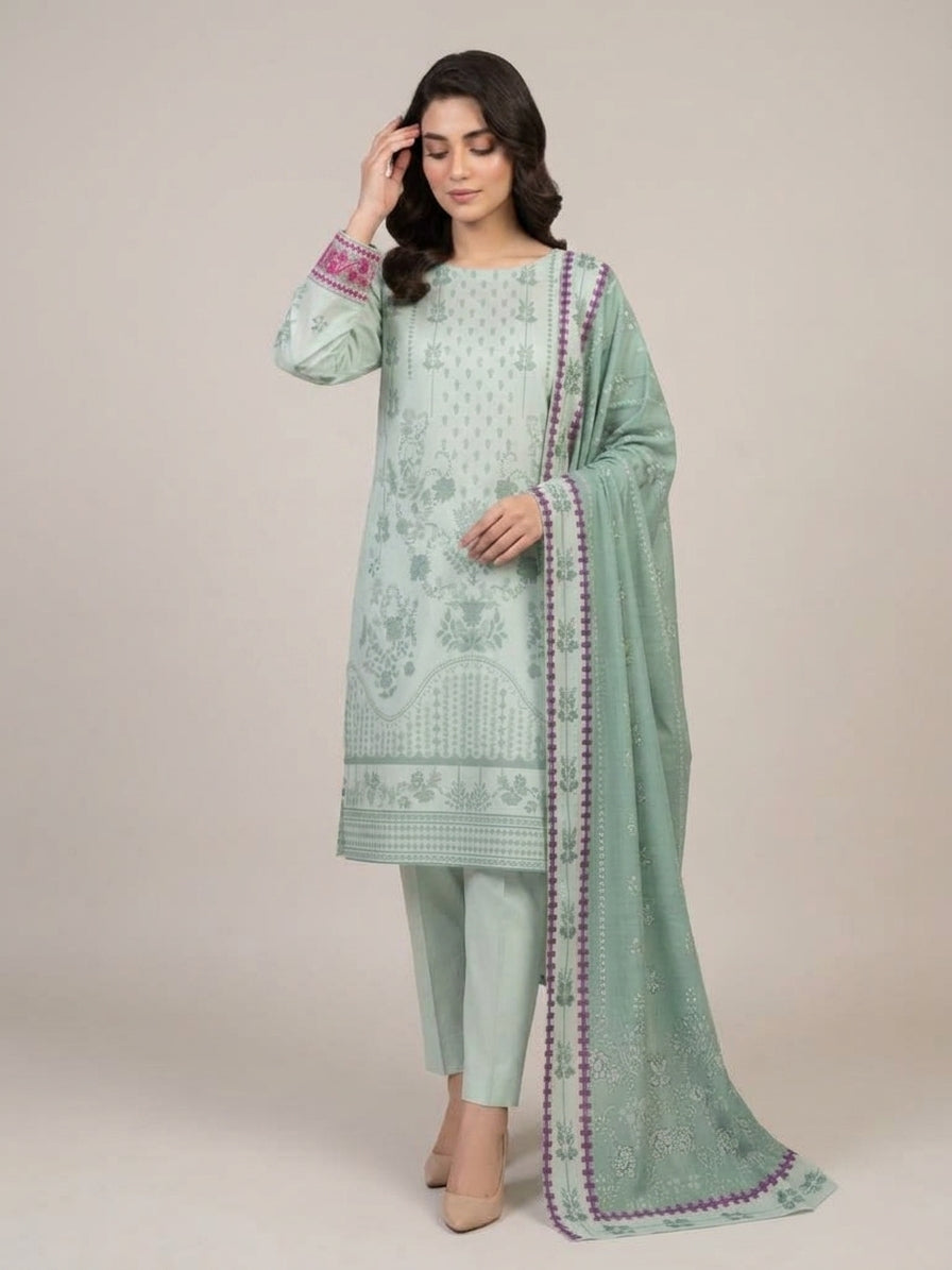 Unstitched Mint Green Printed 3 Piece Linen Suit