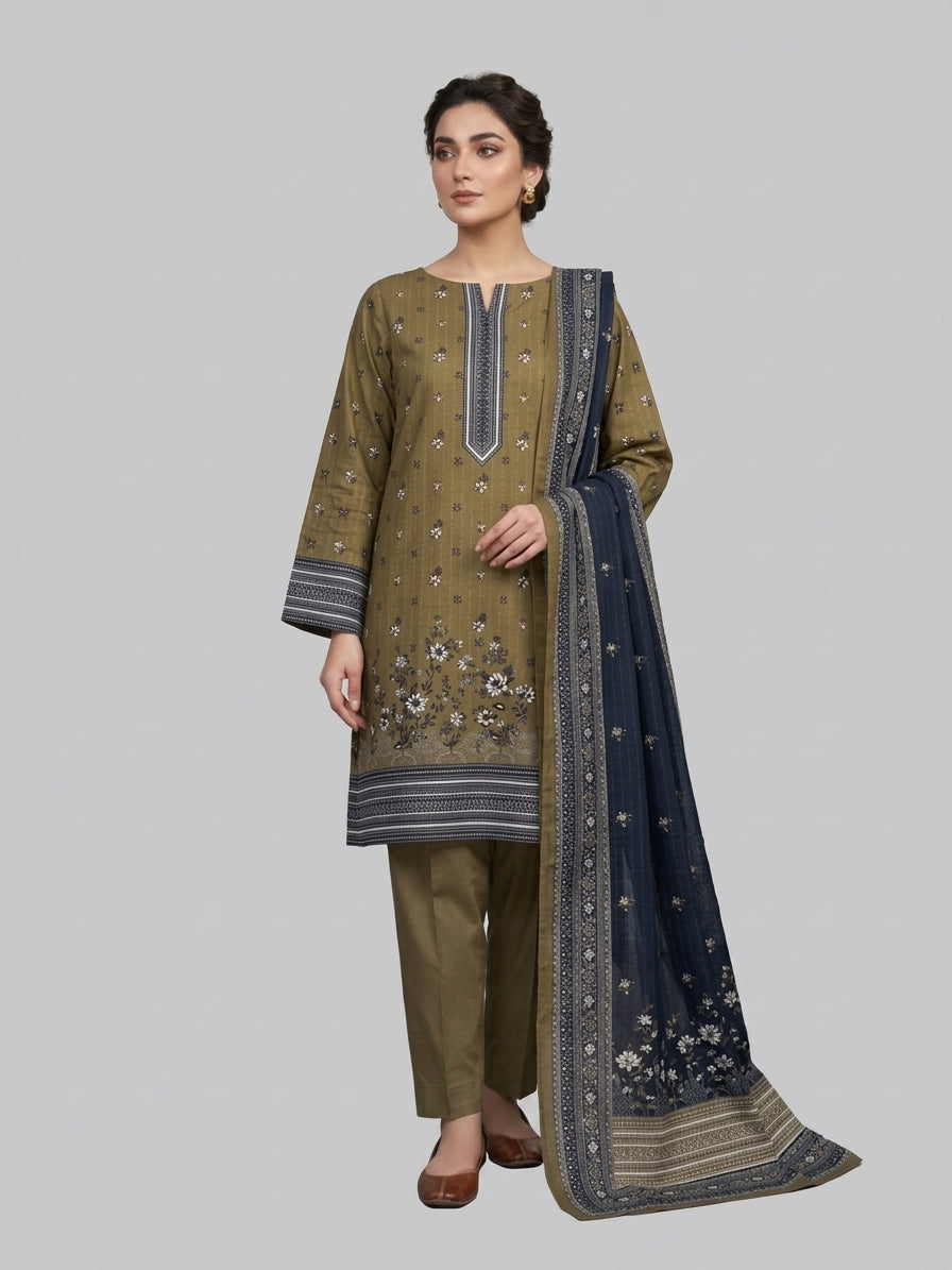 Unstitched Elegant Printed Linen 3-Piece Suit for Women