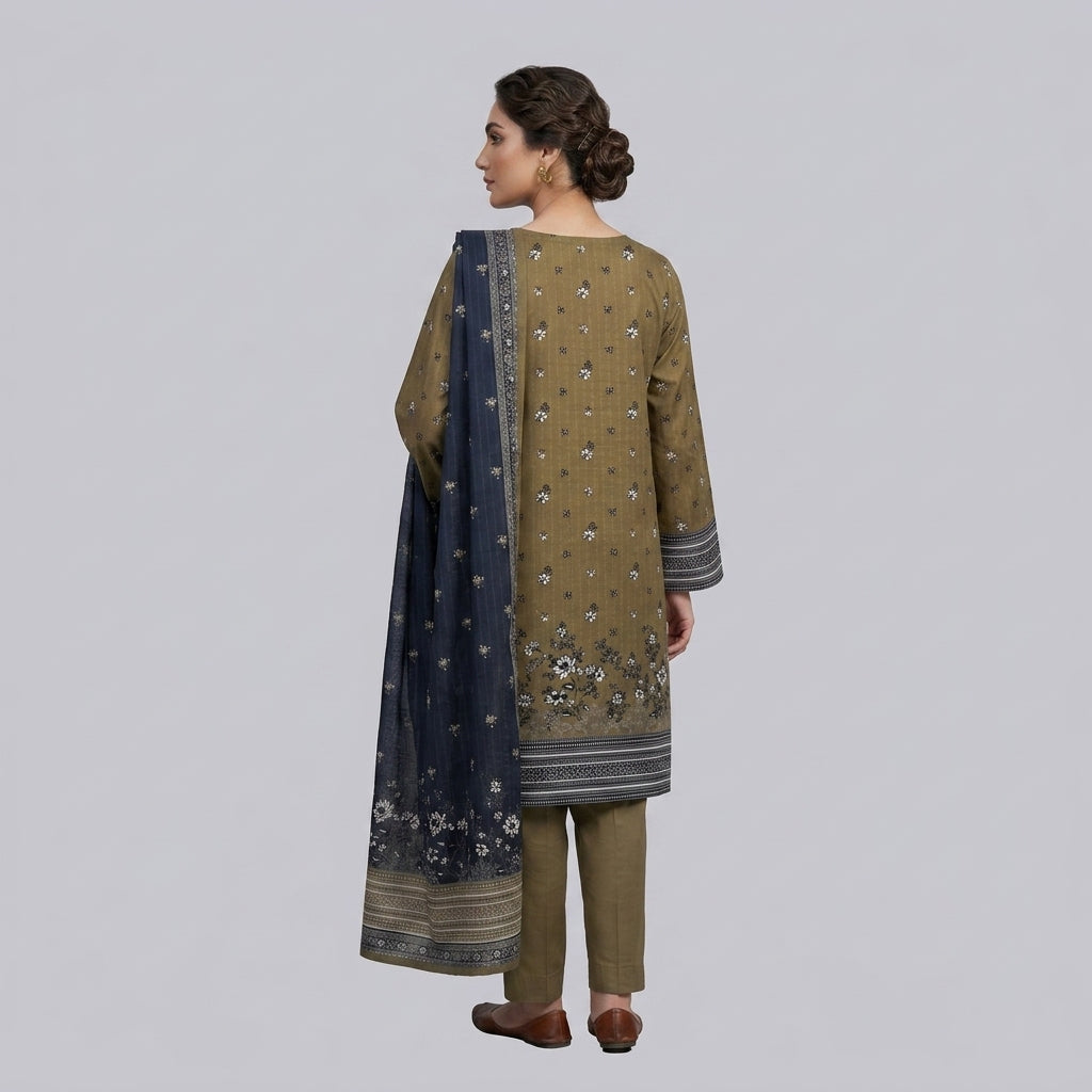 Unstitched Elegant Printed Linen 3-Piece Suit for Women