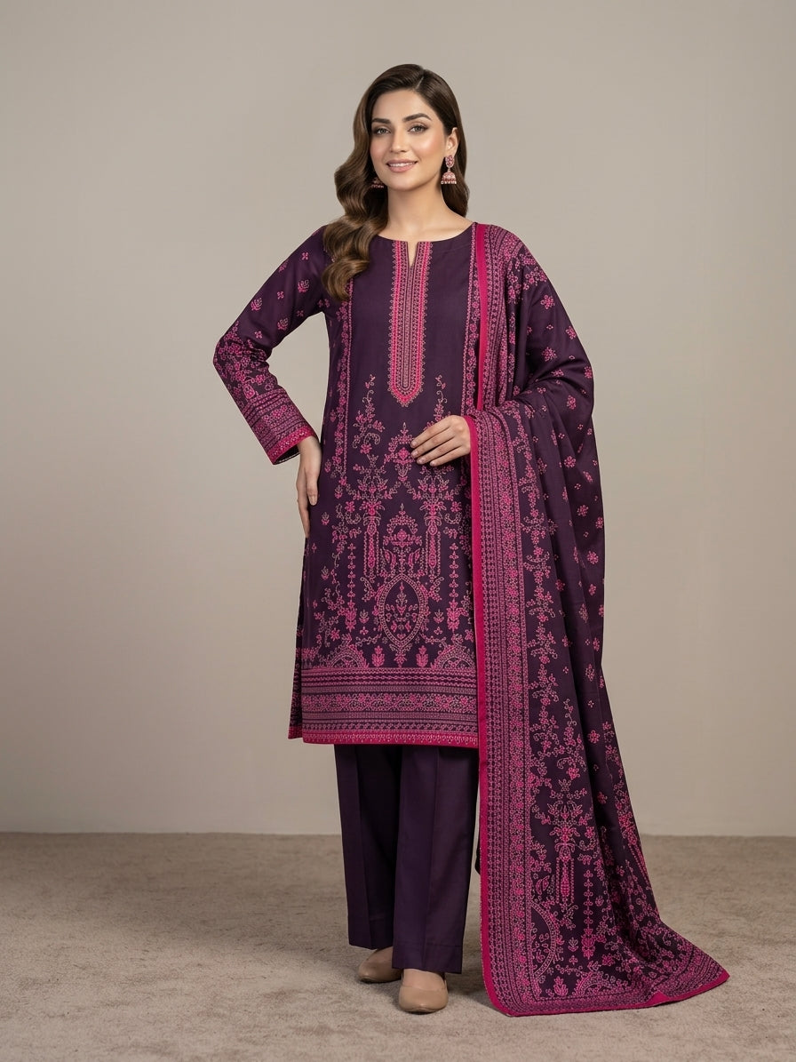 Unstitched Printed Linen 3-Piece Suit for Women – Plum & Pink