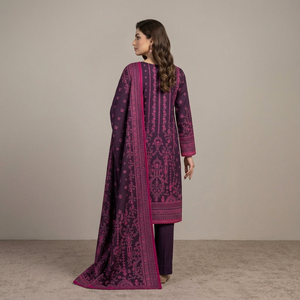 Unstitched Printed Linen 3-Piece Suit for Women – Plum & Pink