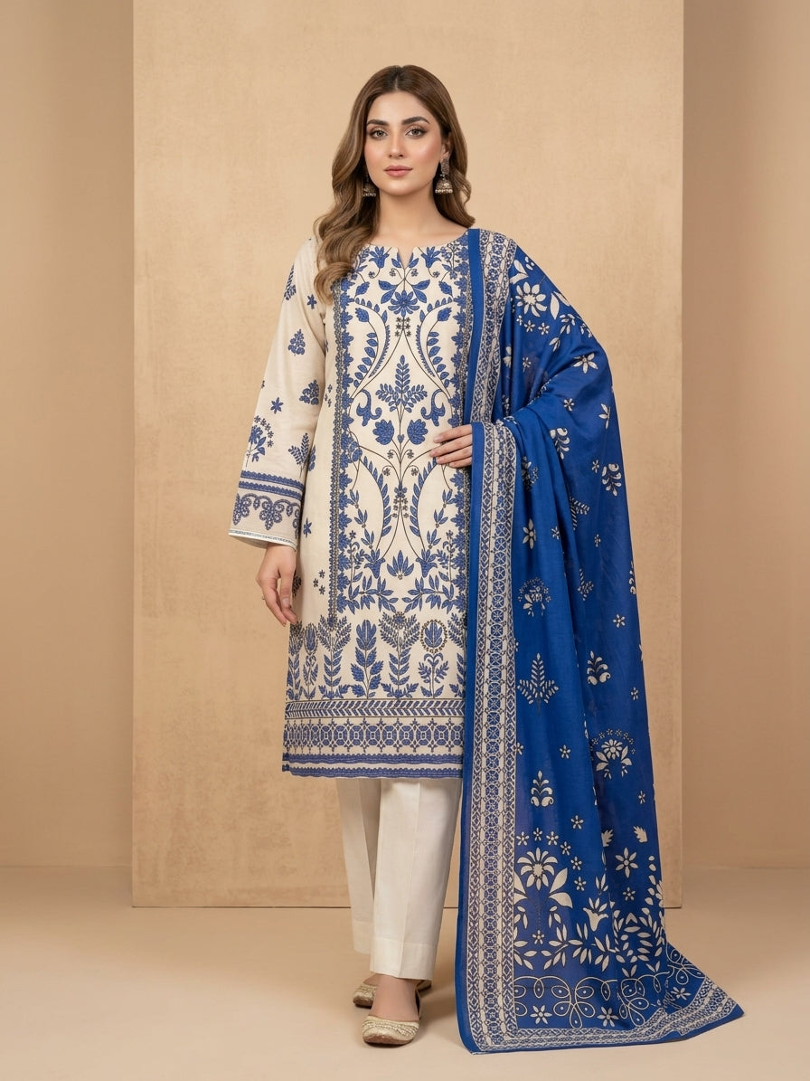Unstitched Lilen Blue & White Printed 3-Piece Suit