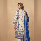 Unstitched Lilen Blue & White Printed 3-Piece Suit