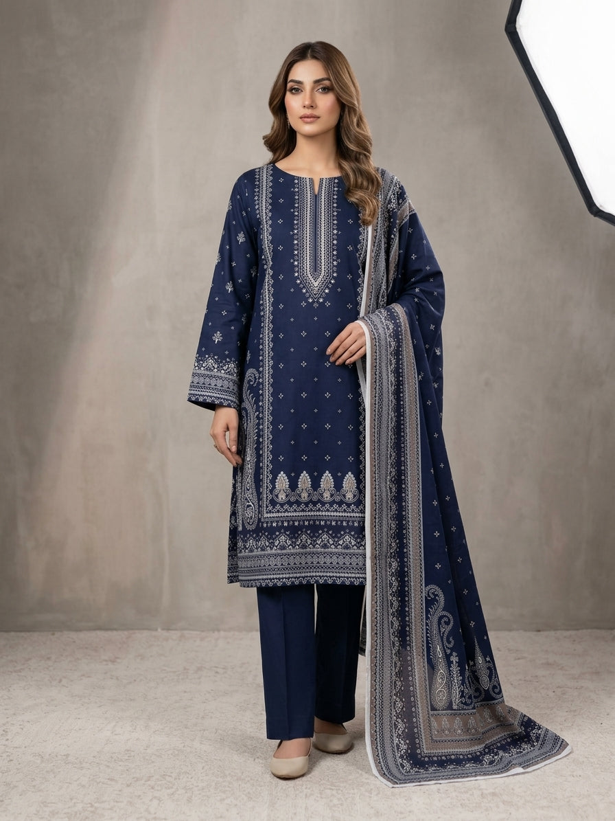 Unstitched Lilen Navy Blue Printed 3-Piece Suit