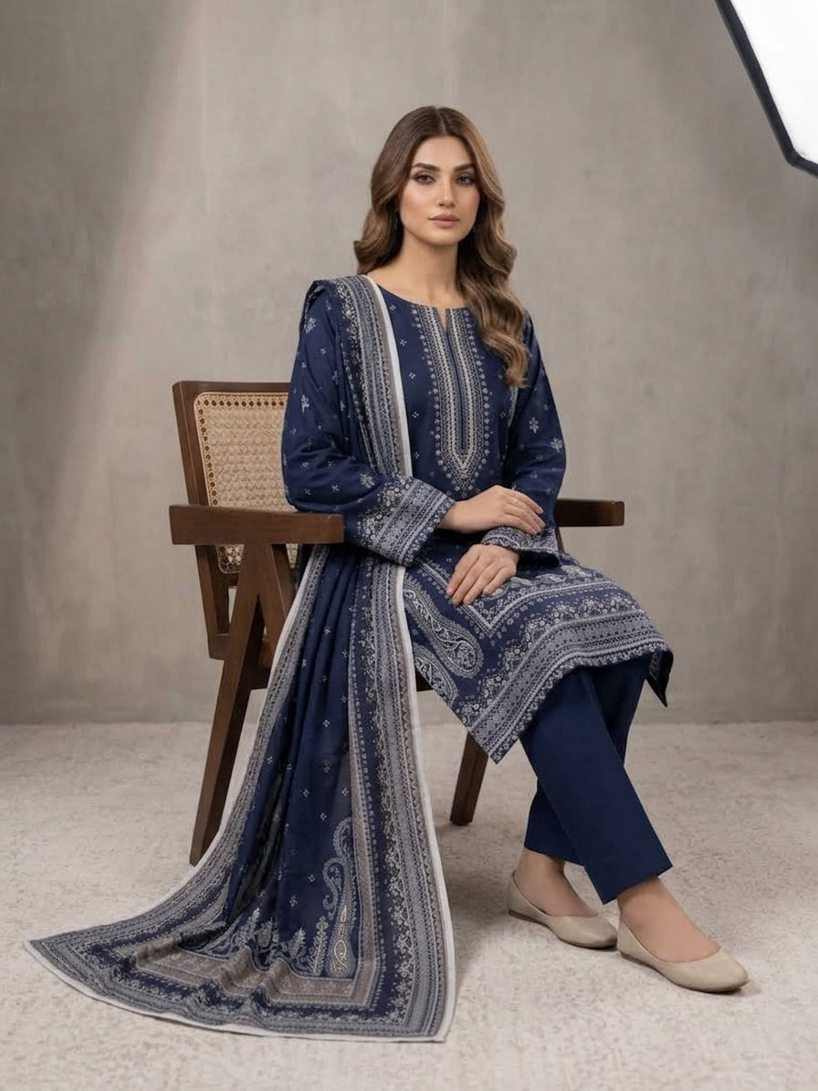 Unstitched Lilen Navy Blue Printed 3-Piece Suit
