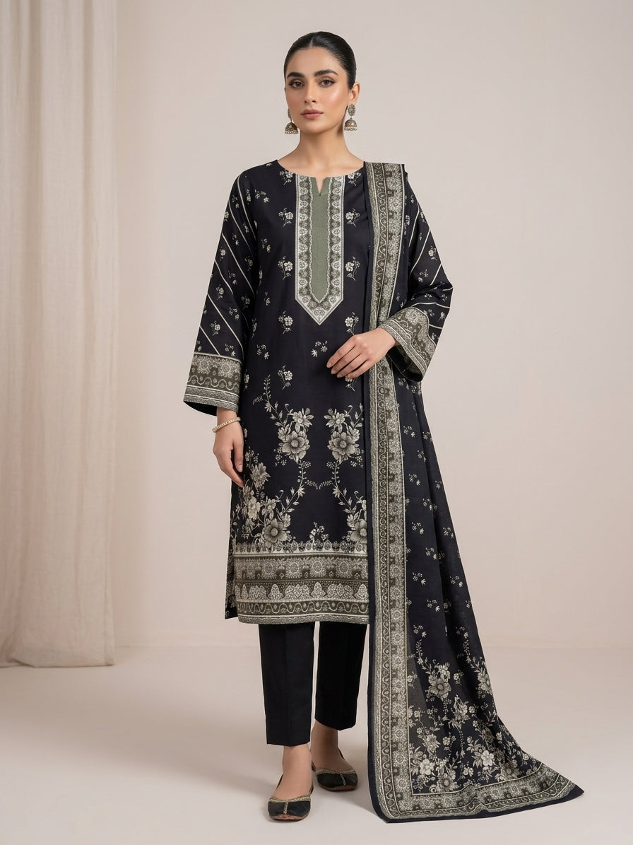 Unstitched Women’s Black & Grey Printed 3-Piece Suit