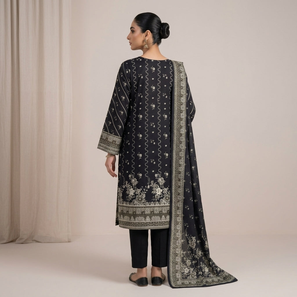Unstitched Women’s Black & Grey Printed 3-Piece Suit