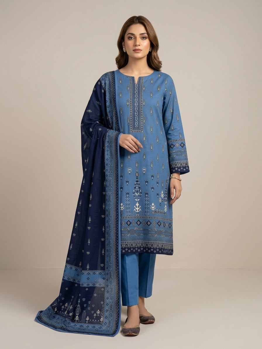 Unstitched Elegant Blue Linen Printed 3 Piece Suit