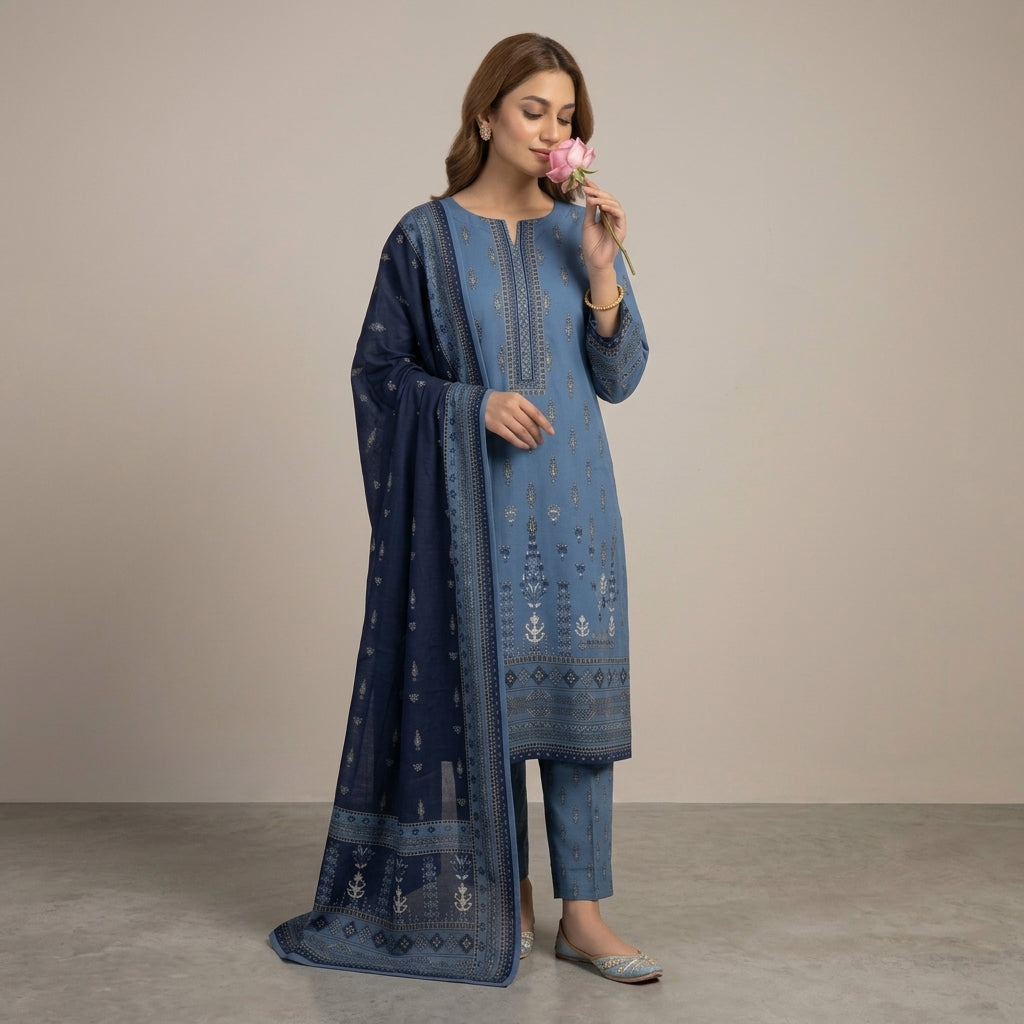 Unstitched Elegant Blue Linen Printed 3 Piece Suit