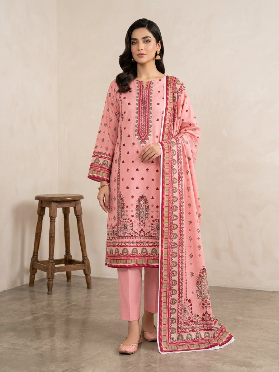 Unstitched Elegant Pink Linen Printed 3 Piece Suit for Women