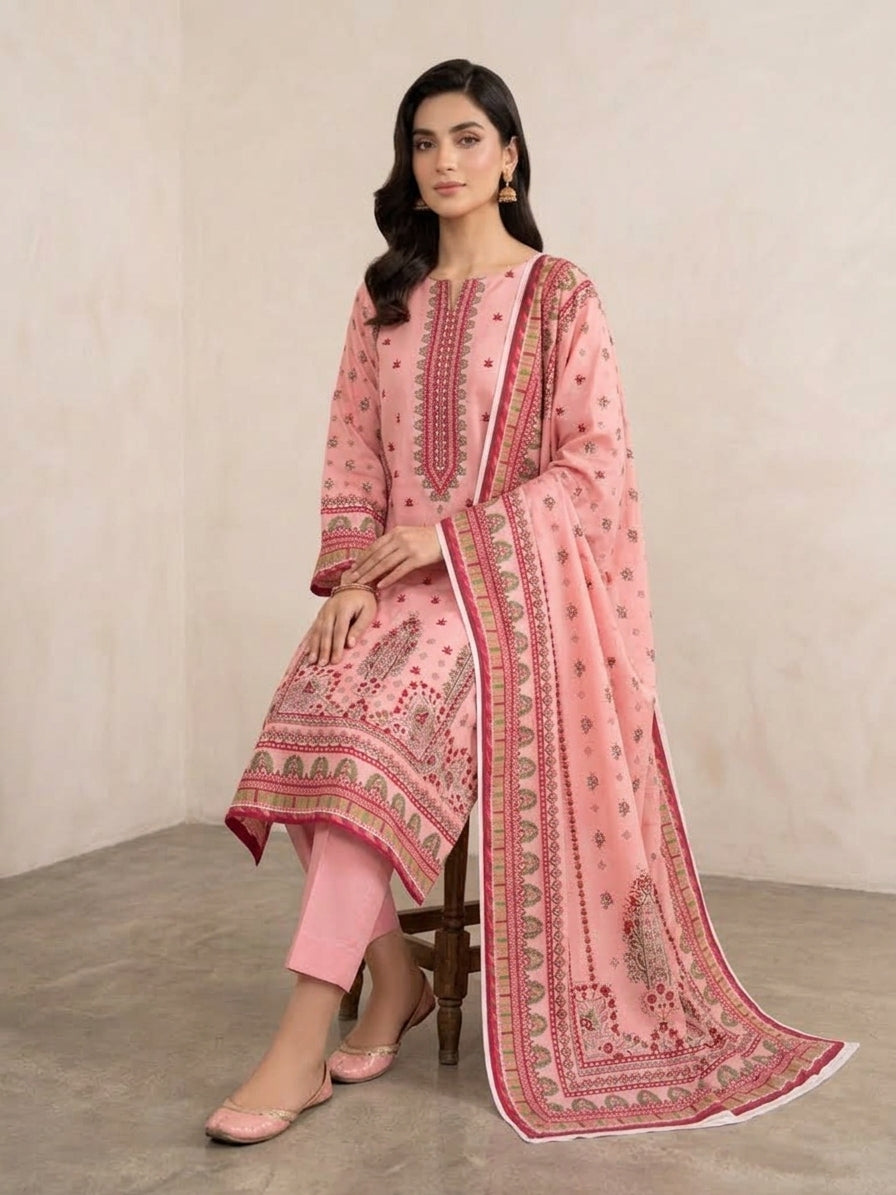 Unstitched Elegant Pink Linen Printed 3 Piece Suit for Women