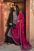 Unstitched Black & Magenta Embroidered Pakistani Suit