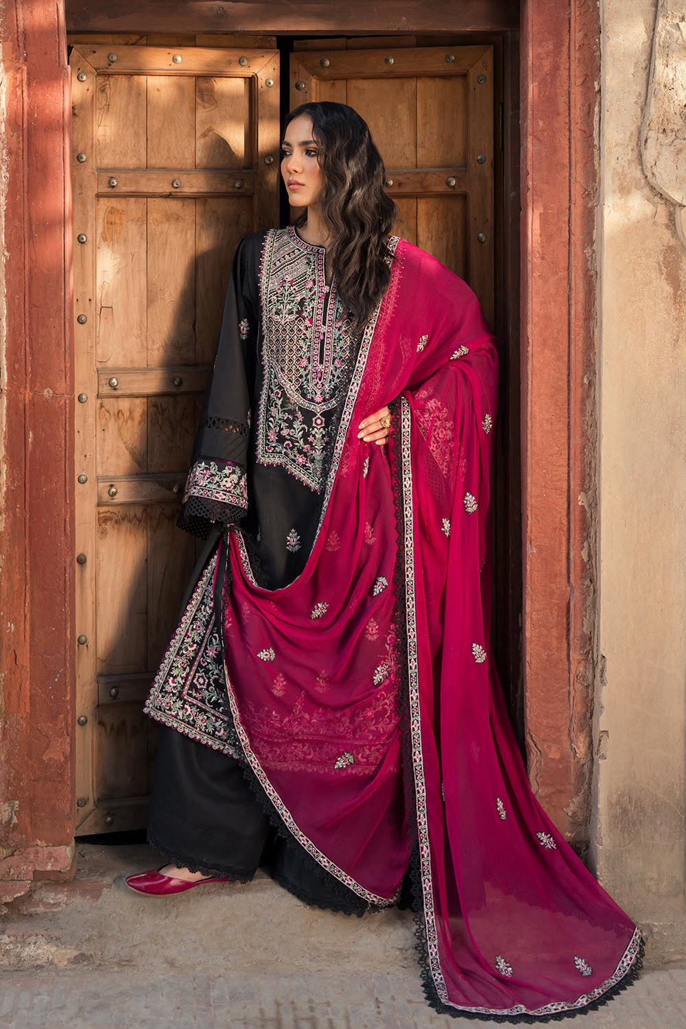 Unstitched Black & Magenta Embroidered Pakistani Suit
