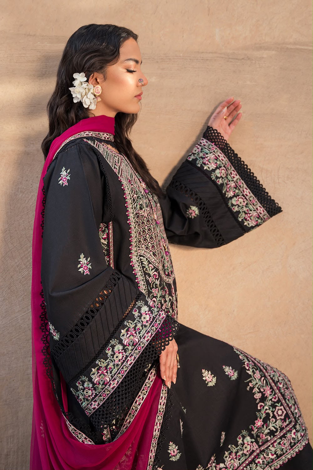 Unstitched Black & Magenta Embroidered Pakistani Suit