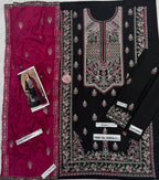 Unstitched Black & Magenta Embroidered Pakistani Suit
