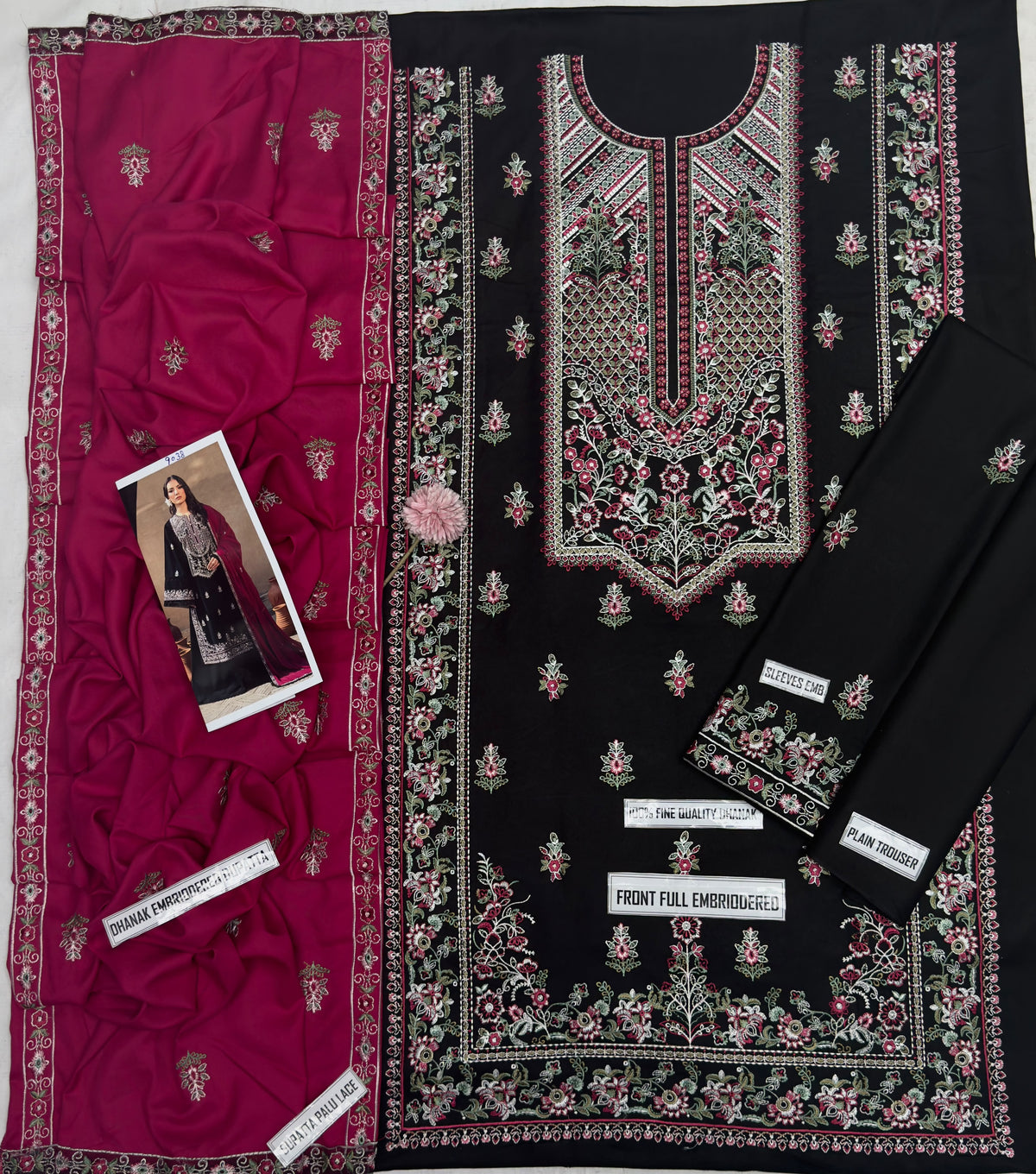 Unstitched Black & Magenta Embroidered Pakistani Suit
