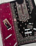 Unstitched Black & Magenta Embroidered Pakistani Suit