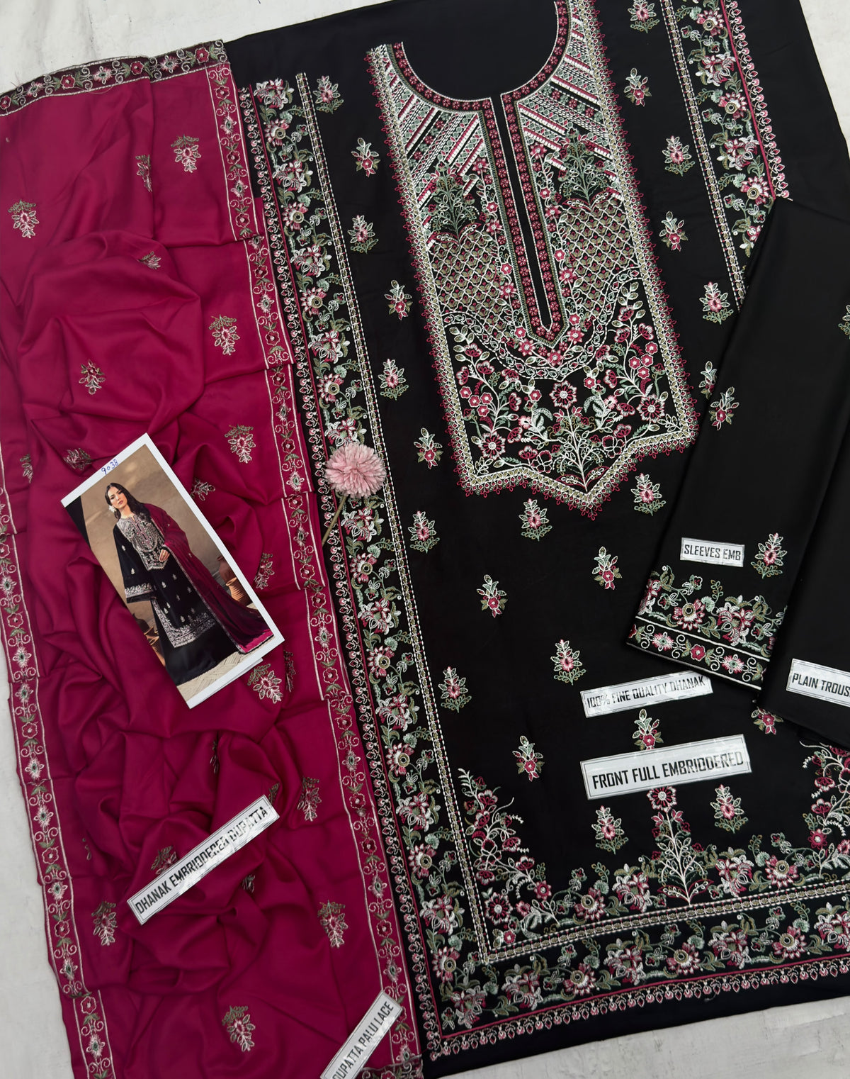 Unstitched Black & Magenta Embroidered Pakistani Suit