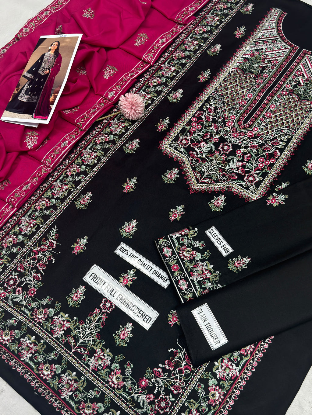 Unstitched Black & Magenta Embroidered Pakistani Suit