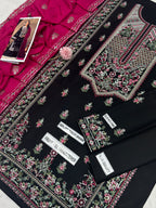 Unstitched Black & Magenta Embroidered Pakistani Suit