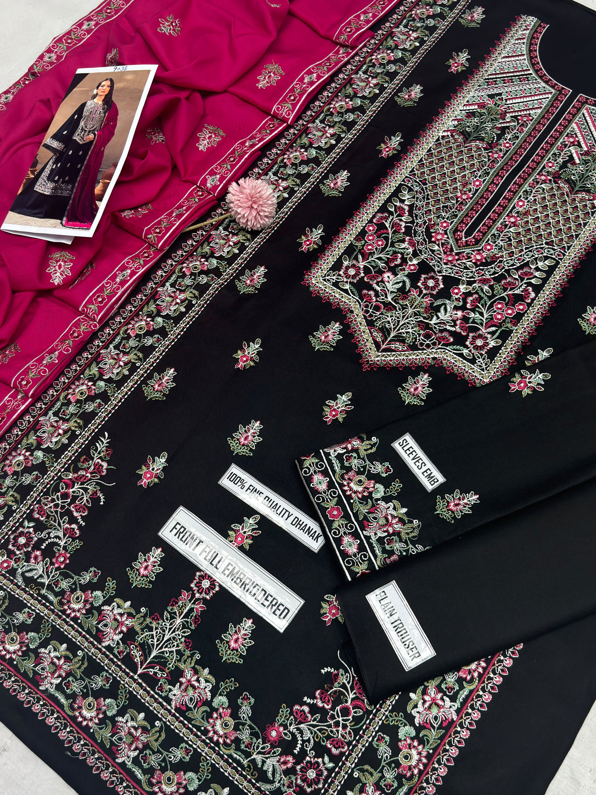 Unstitched Black & Magenta Embroidered Pakistani Suit