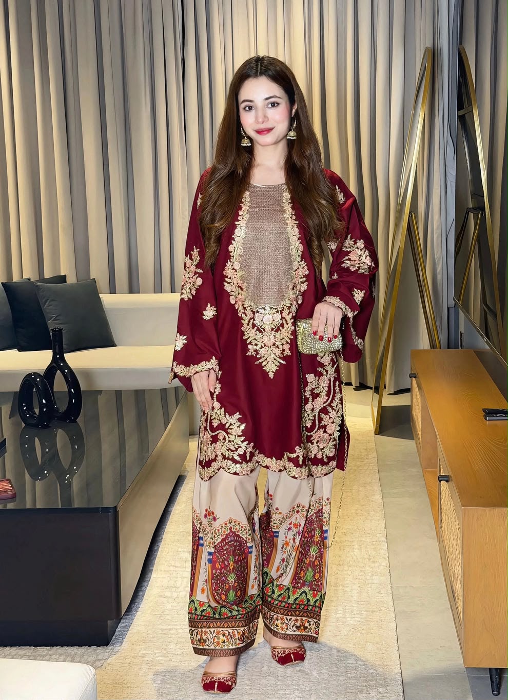 Unstitched Maroon Embroidered HQ Premium Silk 2-Piece Suit