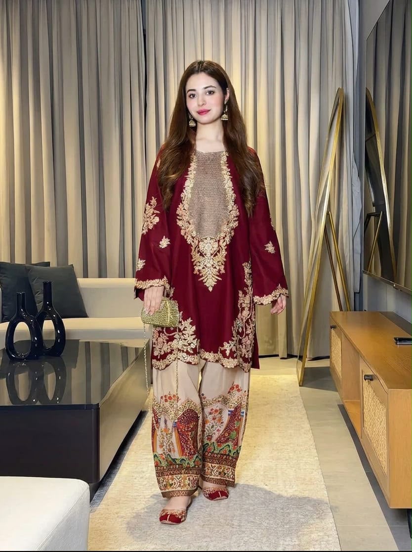 Unstitched Maroon Embroidered HQ Premium Silk 2-Piece Suit