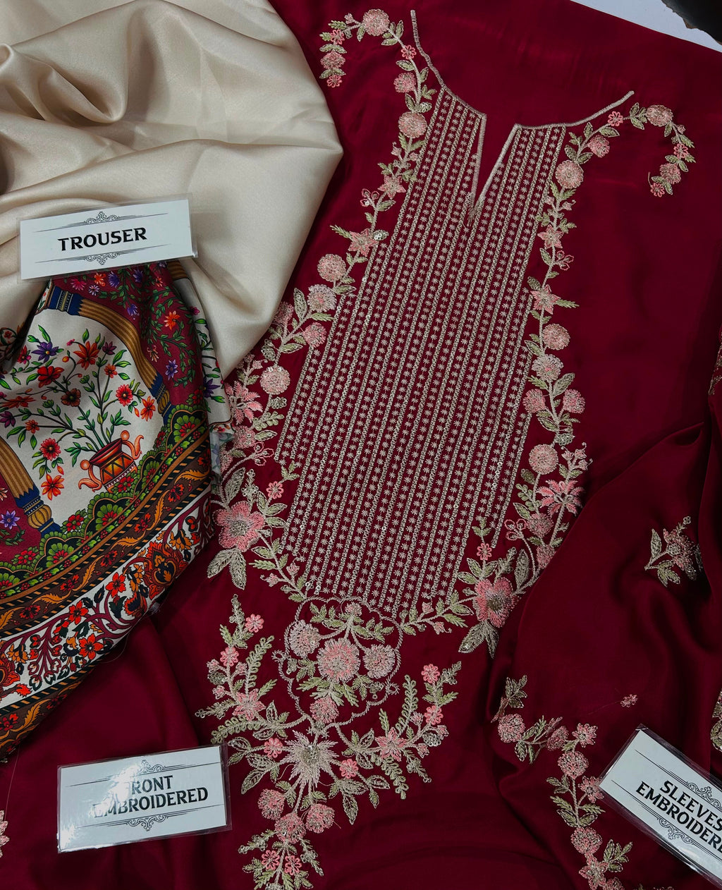 Unstitched Maroon Embroidered HQ Premium Silk 2-Piece Suit