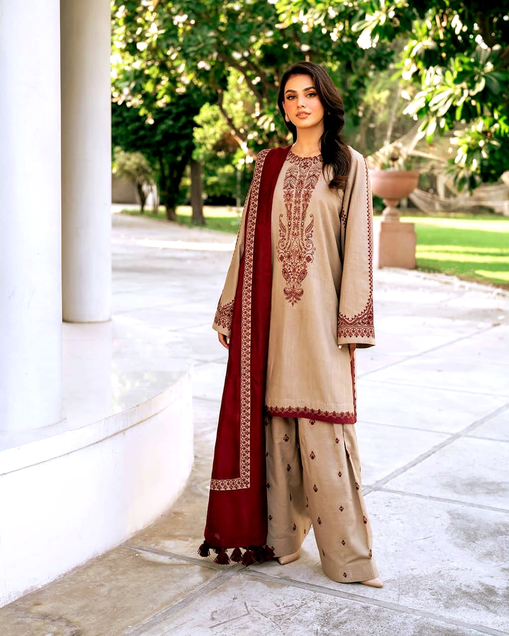 Unstitched Maroon Elegance – Embroidered 3-Piece Pakistani Suit
