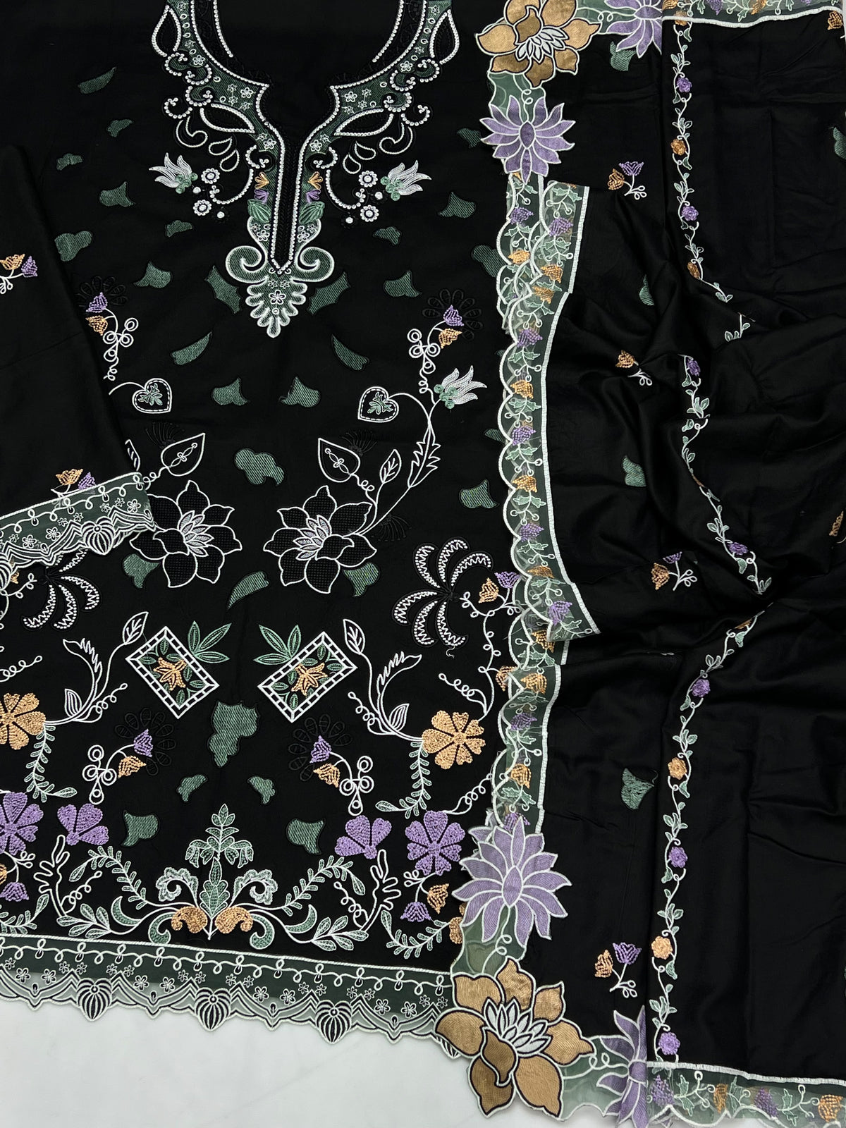 Unstitched Black Heavy Embroidered suit 3 piece