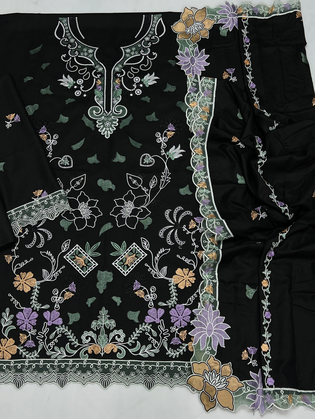 Unstitched Black Heavy Embroidered suit 3 piece