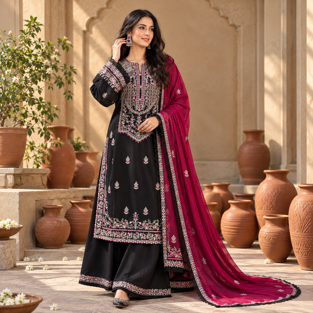 Unstitched Black & Magenta Embroidered Pakistani Suit