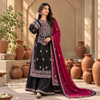 Unstitched Black & Magenta Embroidered Pakistani Suit