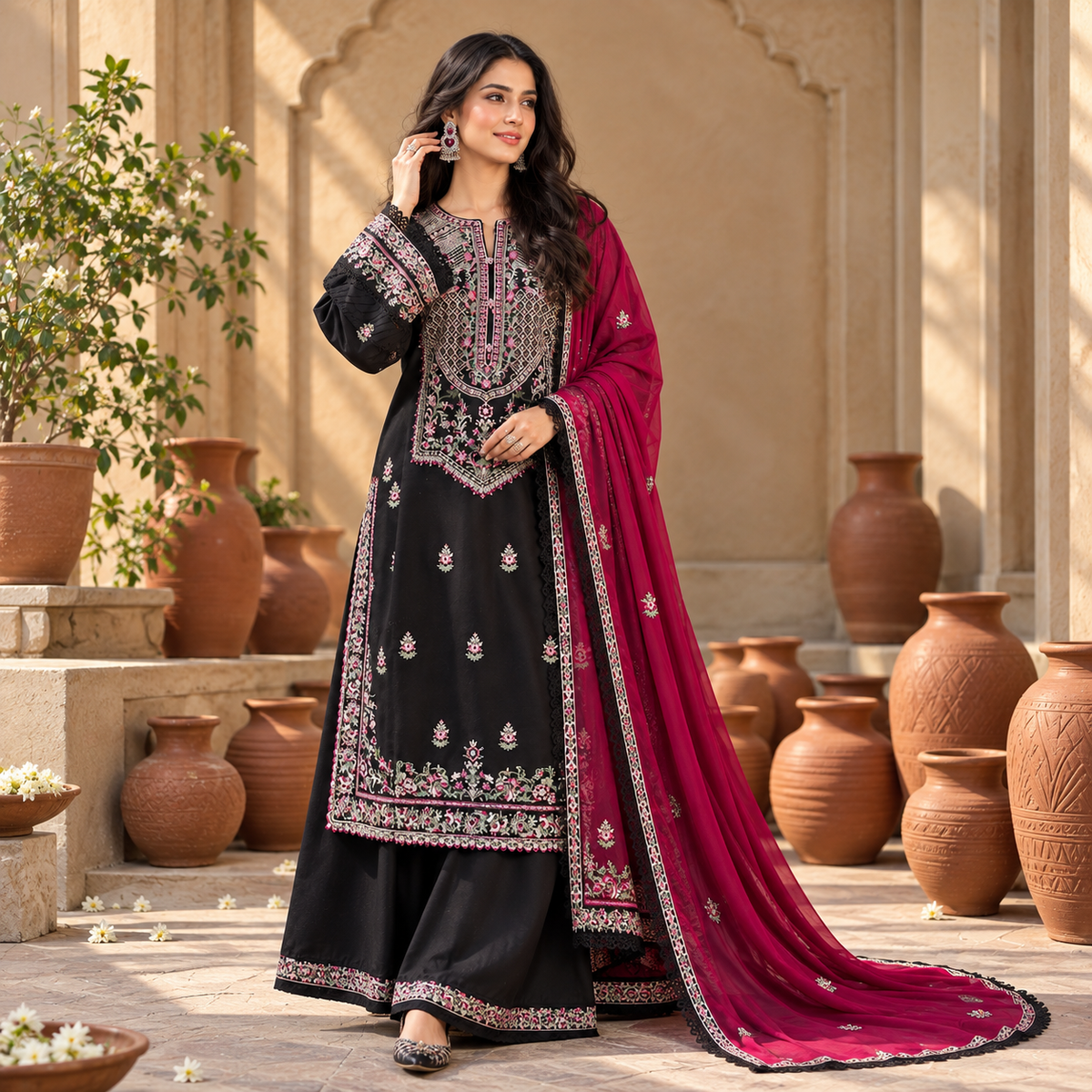 Unstitched Black & Magenta Embroidered Pakistani Suit